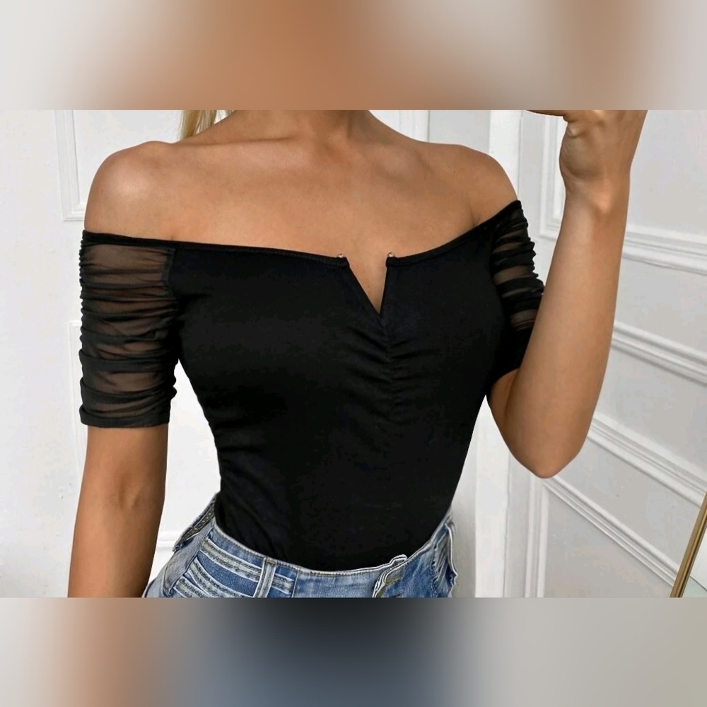 Womens black Solid Contrast Mesh Bardot Top